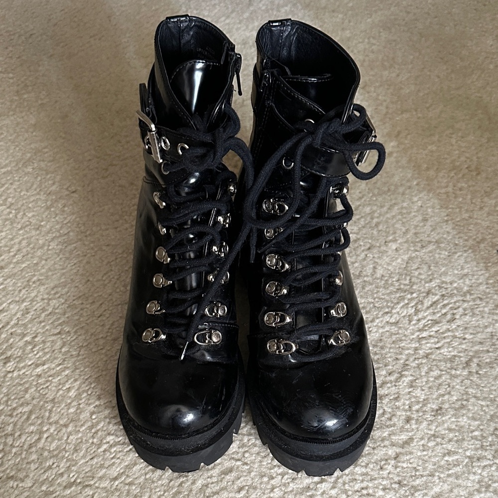 Jeffrey Campbell Black Lace-Up Platform Combat Boots with Silver Hardware